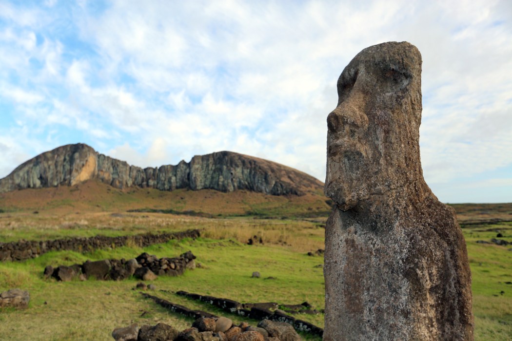 Our second stop: Ahu Tongariki, with the rock quarry used to make the statues