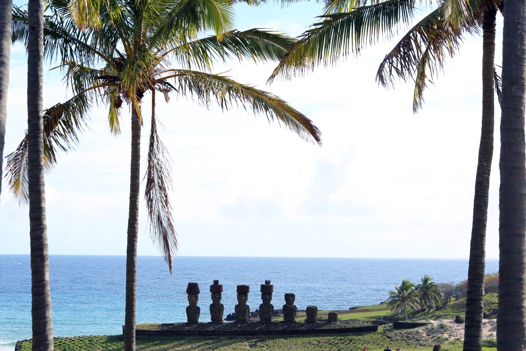 View of Ahu Nao Nao from the hillside, at Anakena Beach