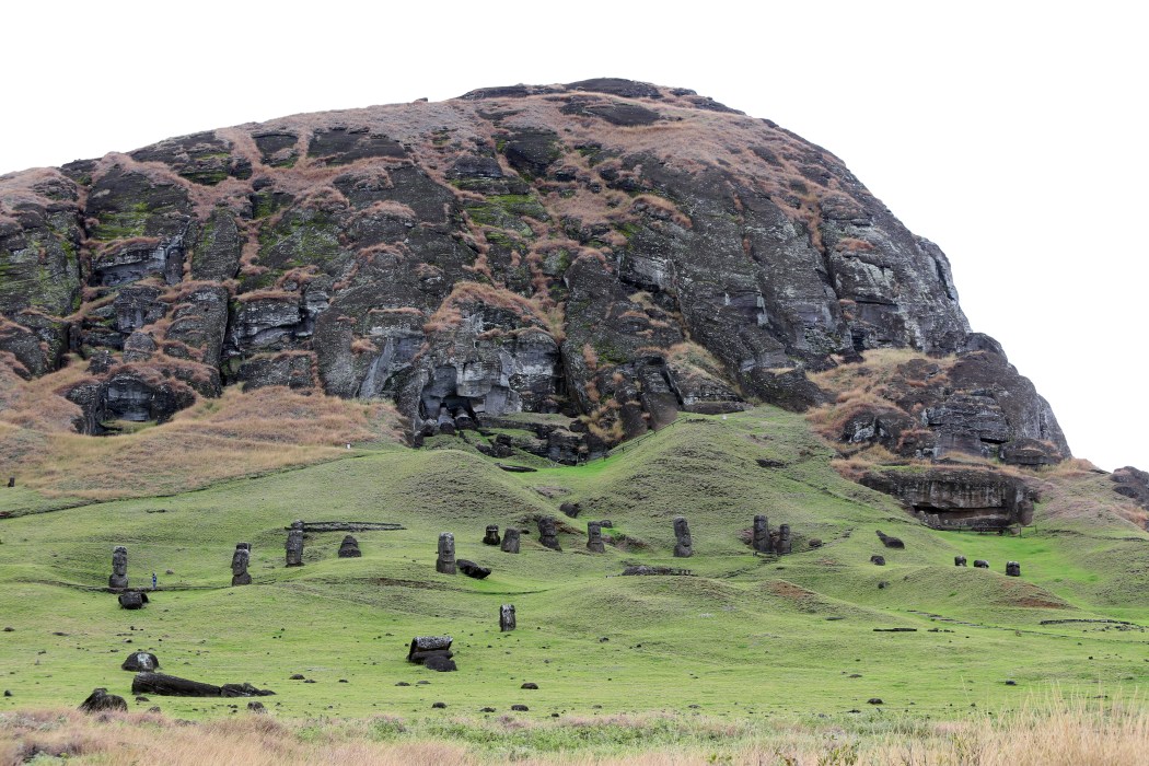Rano Raraku on approach.  All of those black rocks on the hill are moai
