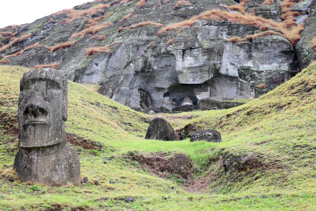 The rock quarry.  To see the most famous moai, like the Gigante you have to climb up the hill to see them