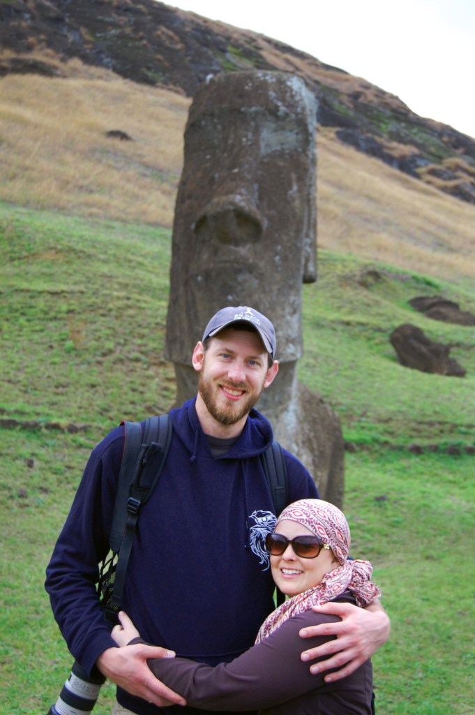 Me and Jon in front of a moai at Rano Raku