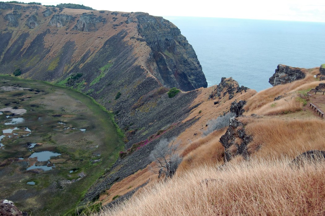Peering into the crater you can see floating islands like those used to make the Uros Islands on Lake Titicaca